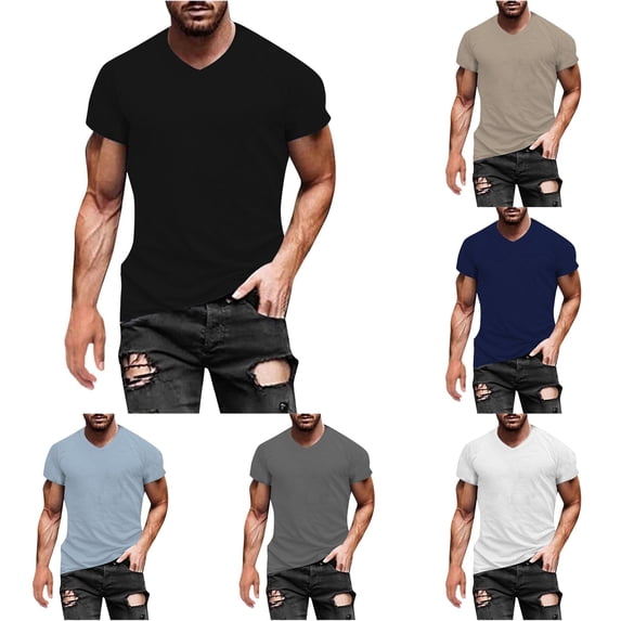 Men Solid V Neck Short Sleeve Fashion Trend Bottoming Shirt Casual Basic Tennis Tee