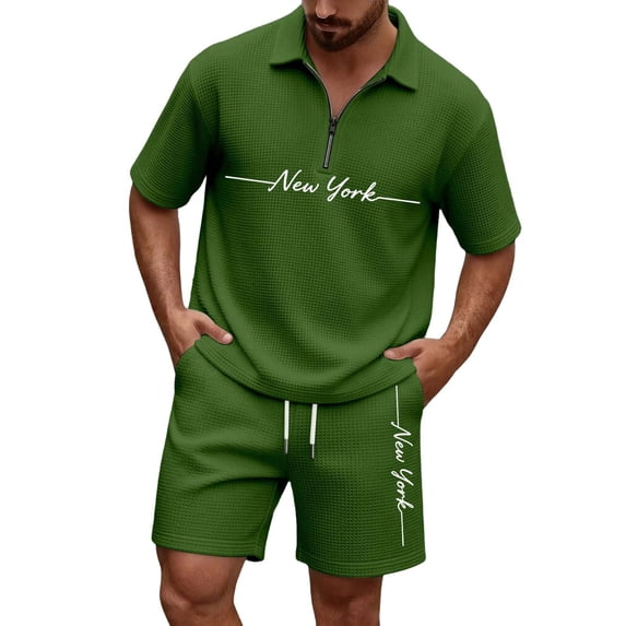 Men Solid Waffle Knit 2 Piece Set,Zip Neck Polo With California Letter Print & Drawstring Shorts Summer Casual Outfit Green XXXXL