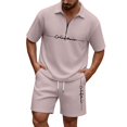 thumbnail image 1 of Men Solid Waffle Knit 2 Piece Set,Zip Neck Polo With California Letter Print & Drawstring Shorts Summer Casual Outfit Khaki L, 1 of 4
