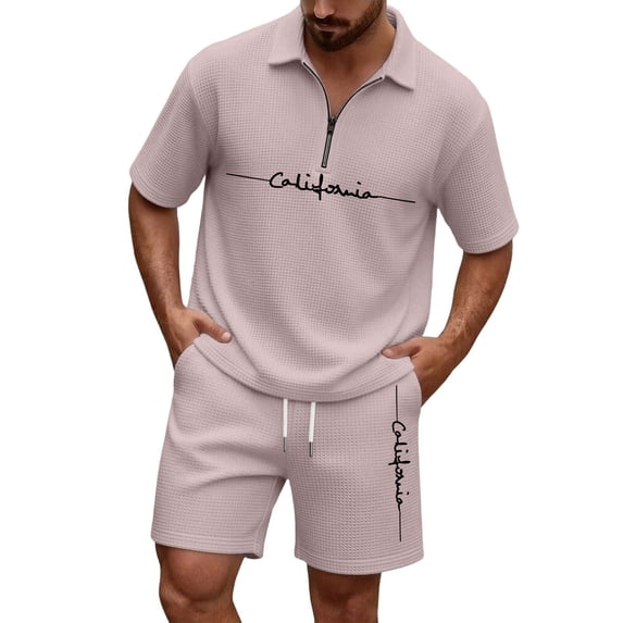 Men Solid Waffle Knit 2 Piece Set,Zip Neck Polo With California Letter Print & Drawstring Shorts Summer Casual Outfit Khaki L