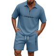 thumbnail image 1 of Men Solid Waffle Knit 2 Piece Set,Zip Neck Polo With California Letter Print & Drawstring Shorts Summer Casual Outfit Navy XXXXL, 1 of 4