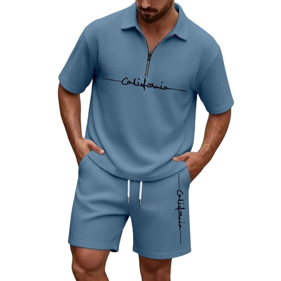 Men Solid Waffle Knit 2 Piece Set,Zip Neck Polo With California Letter Print & Drawstring Shorts Summer Casual Outfit Navy XXXXL