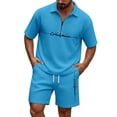thumbnail image 1 of Men Solid Waffle Knit 2 Piece Set,Zip Neck Polo With California Letter Print & Drawstring Shorts Summer Casual Outfit Sky Blue XL, 1 of 4