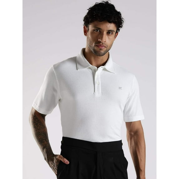 Men Solid White Cotton Polo with Embroidered Logo and Collar Stand