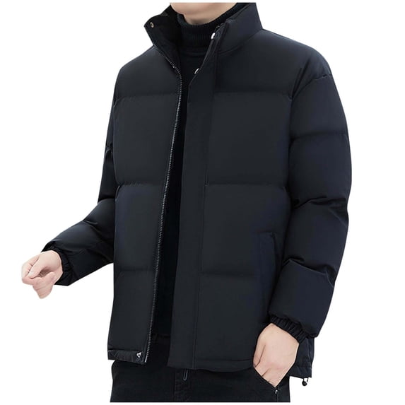 Men Solid Winter Warm Coat Jacket Casual Warm Bread Jacket Zipper Pocket Buttons Long Sleeve Stand-up Collar Parkas