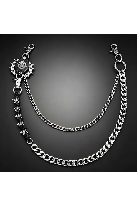 Men Spiked Skull Leather Wallet Chain, Jean Pants Chain, Punk Biker Trouser Key Chain, Hip Hop Rock Waist Belt Chain