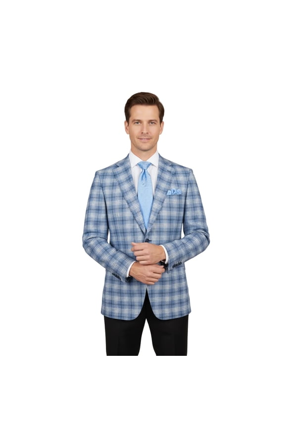 Men Sport Coat by Berlusconi Turkey Italian Wool Super 180's #671-07 Blue Plaid