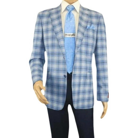 Men Sport Coat by Berlusconi Turkey Italian Wool Super 180's #671-07 Blue Plaid