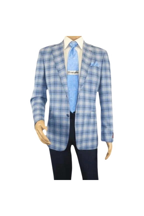 Men Sport Coat by Berlusconi Turkey Italian Wool Super 180's #671-07 Blue Plaid