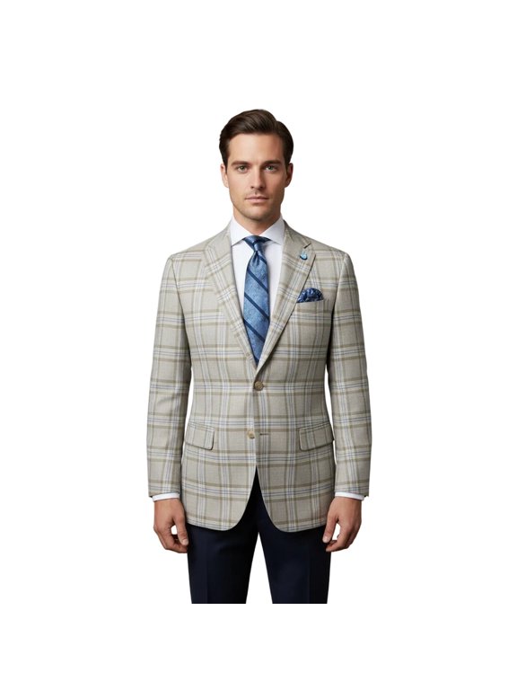 Men Sport Coat by Berlusconi Turkey Soft European Plaid #MK80 04 Beige Blue