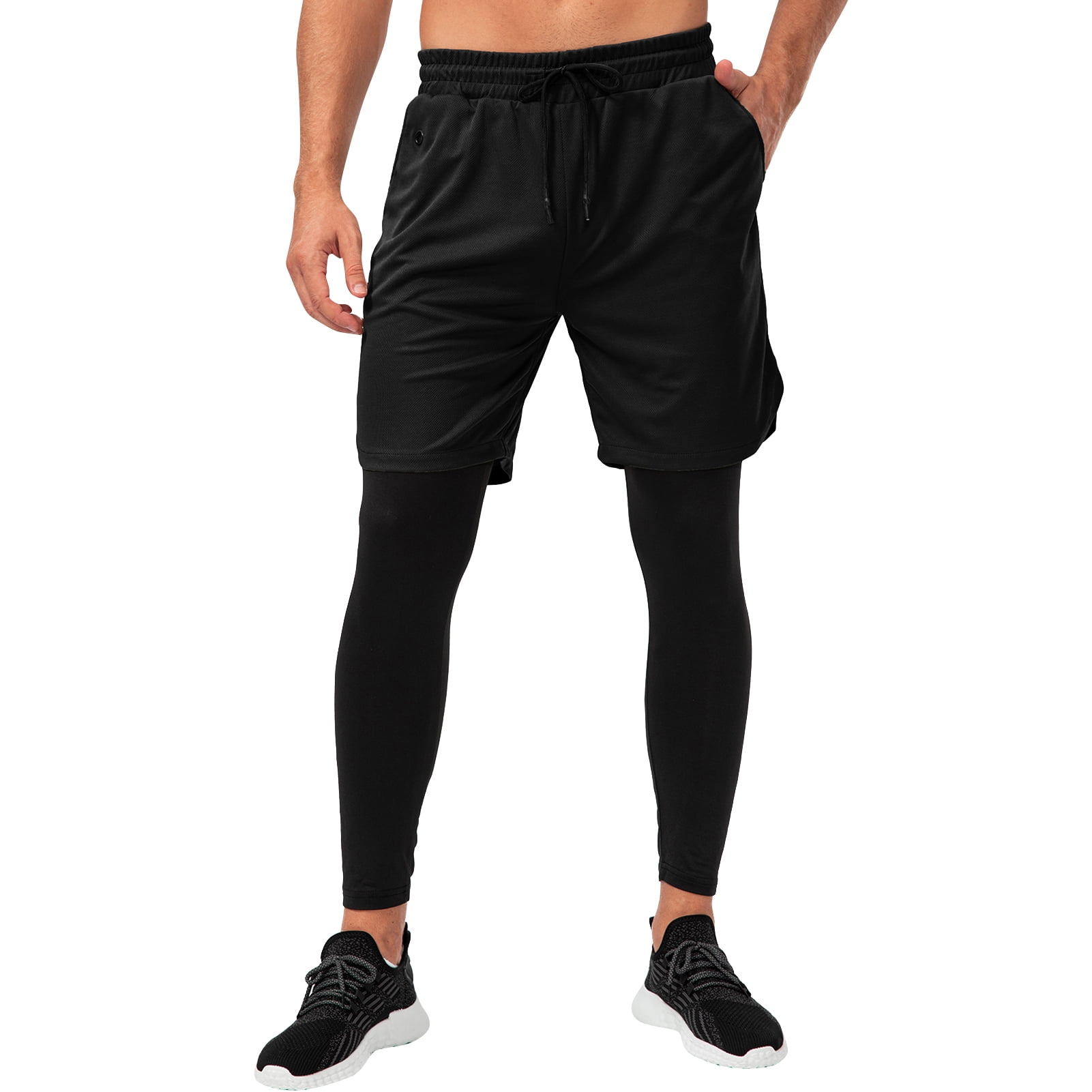 Men Sport Pants with Pockets 2-in-1 Liner Leggings Athletic Shorts