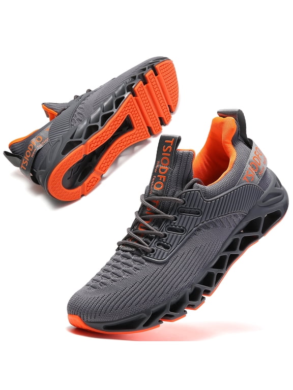 Men Sport Running Sneakers Tennis Athletic Walking Shoes Grey Orange Size 12 Mesh Fashion Casual Gym Runner Jogging Trainers