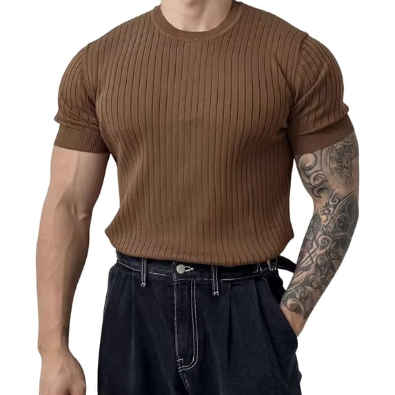 Men Sport T-shirt Men's Summer Sport T-shirt Knitted Thread Elastic O Neck Slim Fit Solid Color Short Sleeves Pullover Workout Gym Training Top Summer