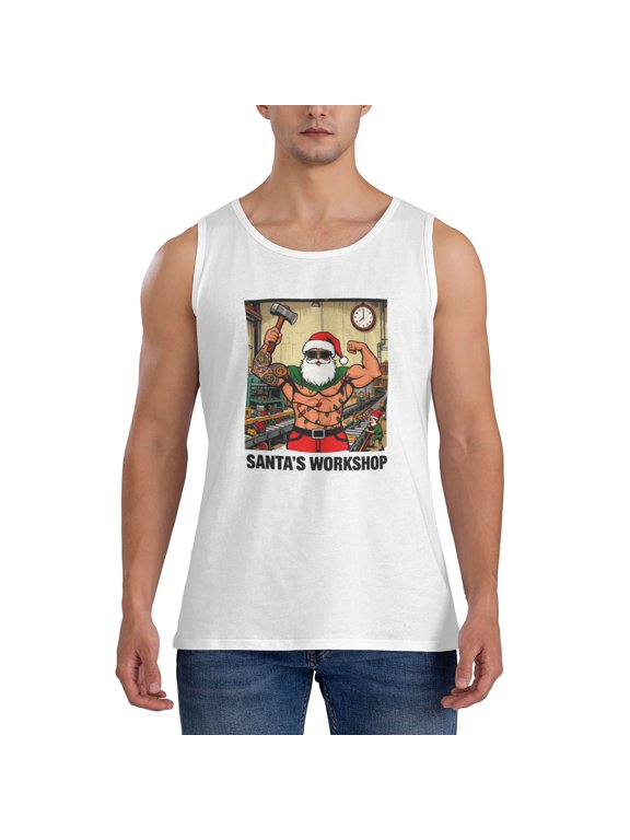 Men Sports Casual Cotton Tank Top, Santa’s Workshop Tattoo Muscle Santa Factory Cartoon Sleeveless Shirt