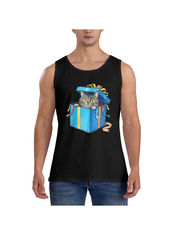 Men Sports Cotton Casual Tank Top, Gray Cat Inside Gift Box Watercolor Cute Pet Sleeveless Shirt