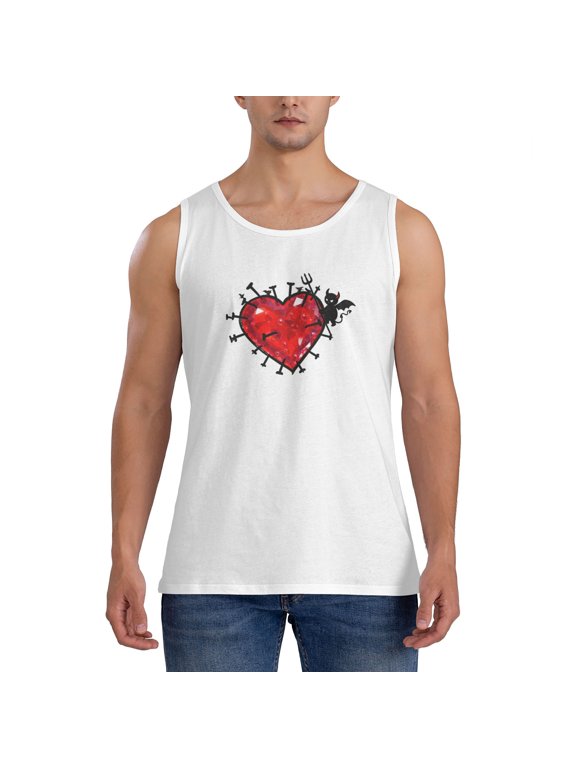 Men Sports Cotton Casual Tank Top, Red Gem Heart Devil Silhouette Gothic Dark Art Sleeveless Shirt