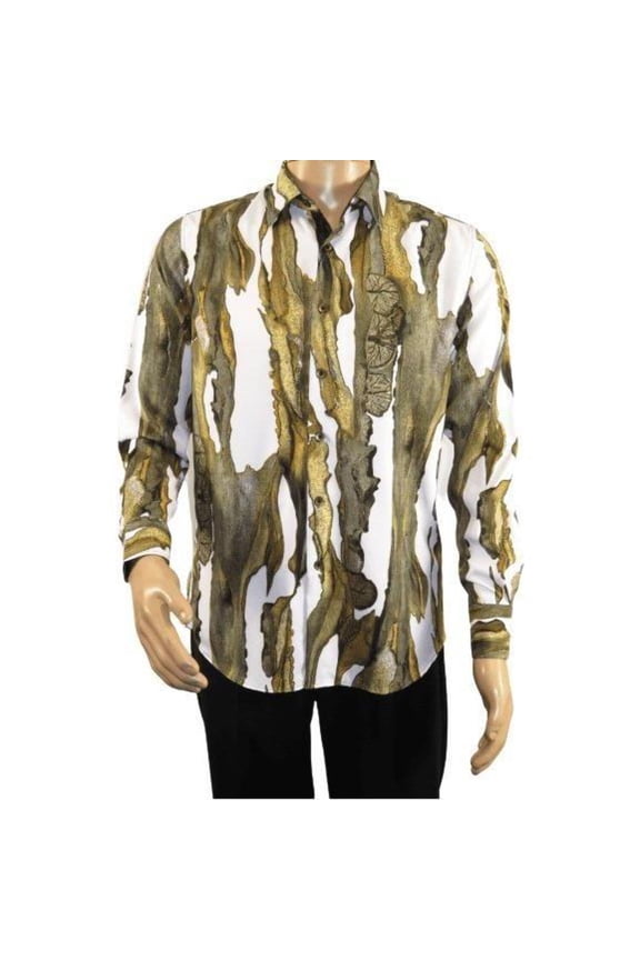 Men Sports Shirt by DE-NIKO Long Sleeves Fashion Print Modal Nk20188 White Olive