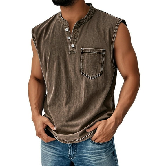 Men Sports Solid Color Vest Pocket Buttons Shirts for Men Sleeveless Casual Tees Brown 3XL