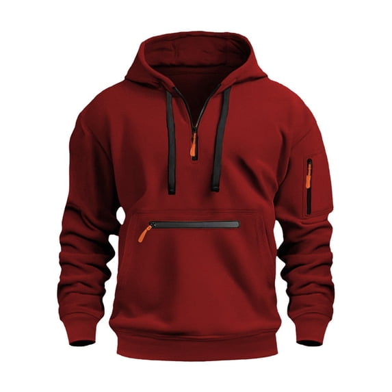 Men Spring Hoodie Fall Winter Men Hoodie Zipper Decor Loose Elastic Cuff Drawstring Warm Pullover Mid Length Hop Solid Color Top for Sport Daily Wear