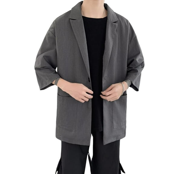 Men Spring Suit Jacket Men Suit Coat Solid Color Spring Summer Suit Jacket Single-button Lapel Design 3/4 Sleeve Loose Fit Casual Business Outerwear