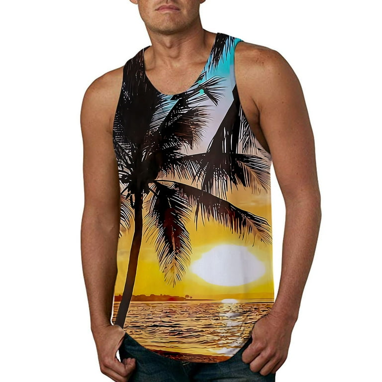Men Spring Summer Casual Beach O-Neck Printed Tank Top Sleevelesss Vest  Running Workout Tee