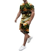 Men Spring Summer Outfit Beach Short Sleeve Printed Shirt Short Suit 2 Piece Shirt Pants Suit Suit Slim Fit Mens