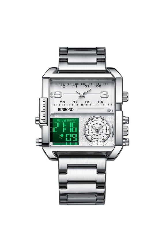 Men Square Large Face Digital Sports Watch,LED Analog Quartz Wrist Watch with Multi-Time Zone 50M Waterproof Stopwatch