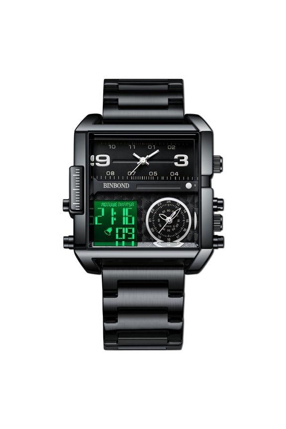 Men Square Large Face Digital Sports Watch,LED Analog Quartz Wrist Watch with Multi-Time Zone 50M Waterproof Stopwatch
