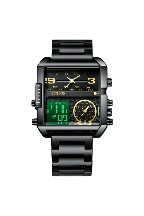 Men Square Large Face Digital Sports Watch,LED Analog Quartz Wrist Watch with Multi-Time Zone 50M Waterproof Stopwatch