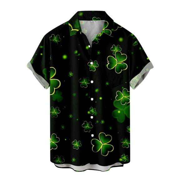Men St.Patrick's Day Print Blouse Casual Buttons With Pocket Turndown Short Sleeve Shirt Black,XXL