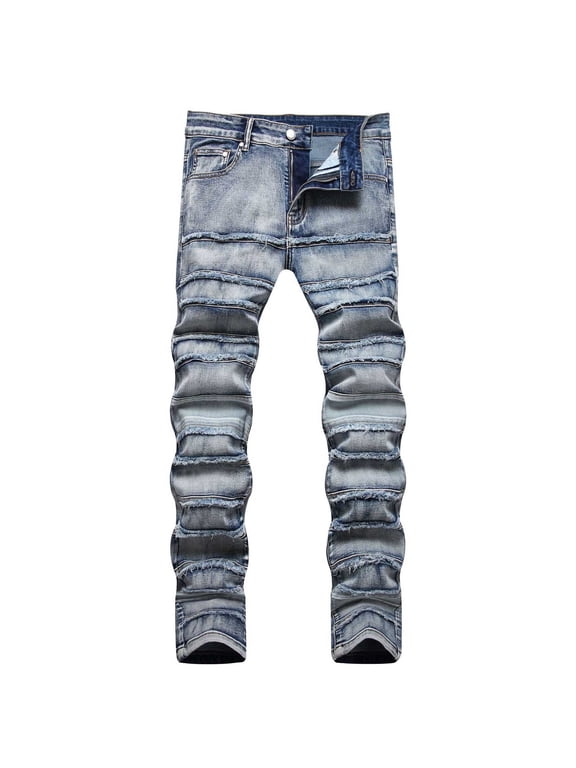 Men Stacked Jeans Distressed Destroyed Straight Denim Pants Fitted Solid Ripped Jeans Harajuku Cargo Trousers Mens Straight Leg Jeans Ripped Jeans for Men, XXXL&Light Blue
