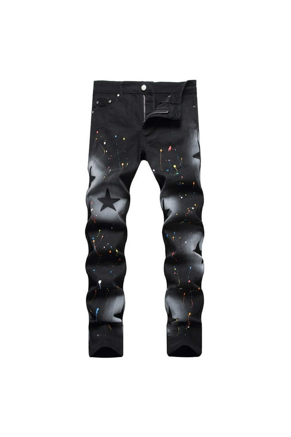 Men Stacked Jeans Distressed Destroyed Straight Denim Pants Fitted Solid Ripped Jeans Harajuku Cargo Trousers Mens Straight Leg Jeans Ripped Jeans for Men, XXL&Black