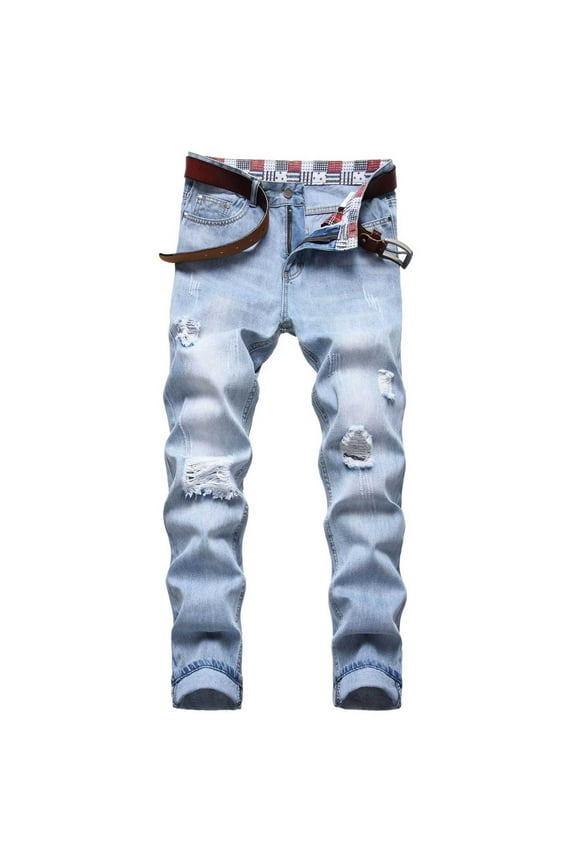 Men Stacked Jeans Distressed Destroyed Straight Denim Pants Fitted Solid Ripped Jeans Harajuku Cargo Trousers Mens Straight Leg Jeans Ripped Jeans for Men, XXL&Blue