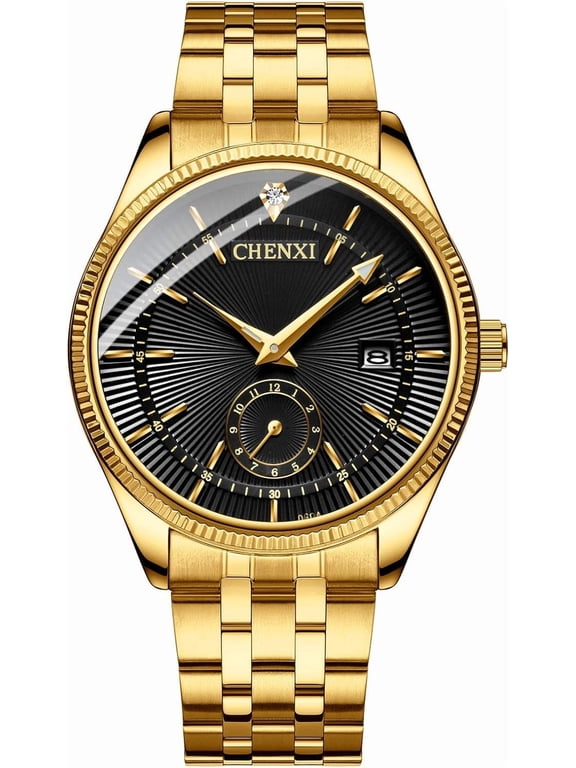 Men Stainless Steel Band Analog Quartz Wrist Watch, Gold Tone Dial with Date Window, Classic Daily Business Timepiece with 3ATM Daily Water Resistance