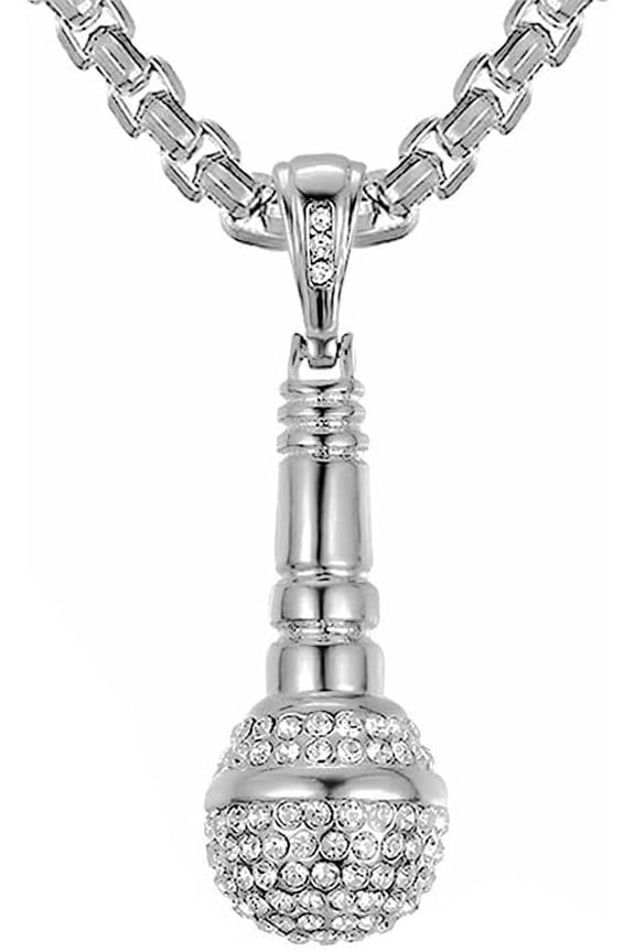 Men Stainless Steel Classic Hip Hop Rock Crystal Micro-Pave Iced Out CZ Inlay Music Microphone Pendant Necklace