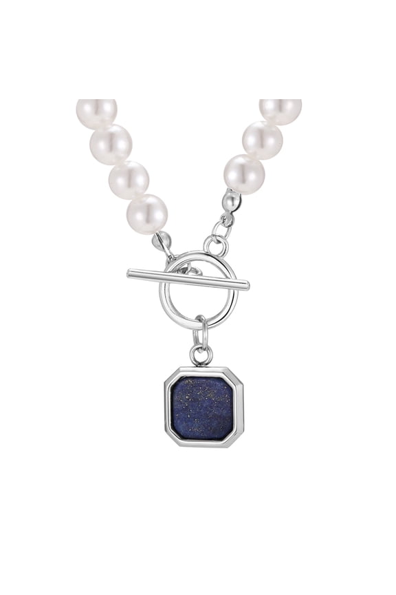 Men Stainless Steel Lapis Lazuli Square Steel Color Pendant Pearl-Like Necklace