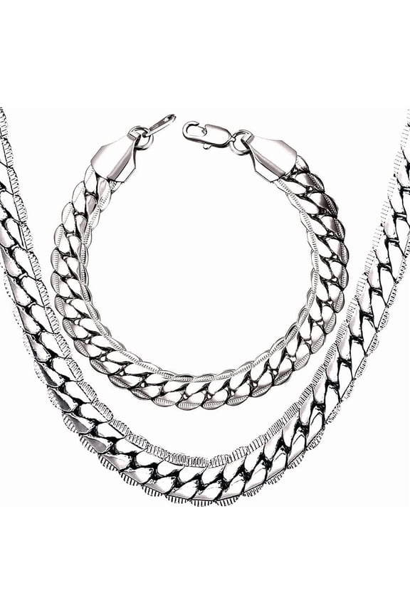 Men Stainless Steel Necklace Cuban Link Chain, Flat Curb Chain Necklaces Unisex, Silver/Black/Gold Plated Chunky Hip Hop Neck Chain, 6mm/9mm Width, 18-32 Inches Length Jewelry for Mens Women