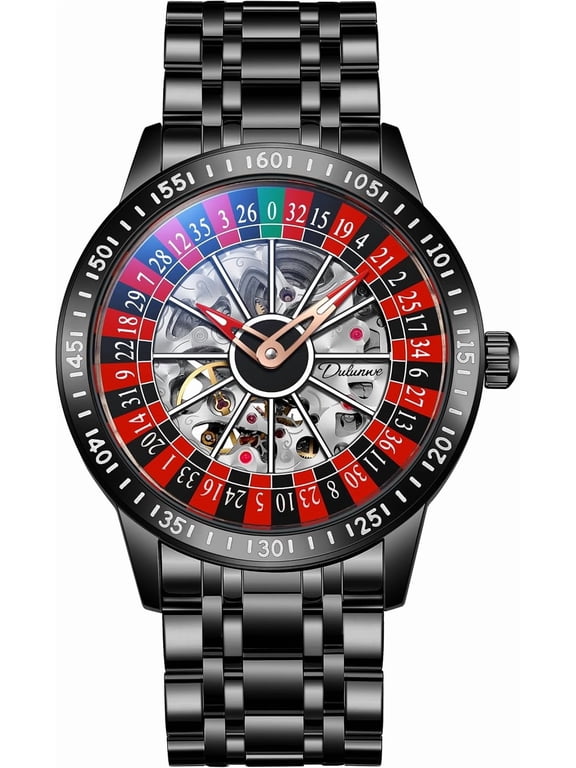Men Stainless Steel Self Winding Mechanical Wrist Watch, Hollow Skeleton Roulette Decorative Dial Analog Timepiece for Daily Business Occasions