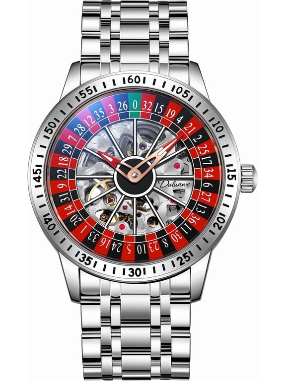Men Stainless Steel Self Winding Mechanical Wrist Watch, Hollow Skeleton Roulette Decorative Dial Analog Timepiece for Daily Business Occasions