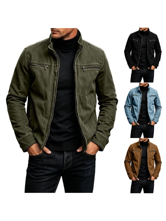 Men Stand Collar Cargo Jacket, Long Sleeve Full Zip Jacket Vintage Washed Cotton Zip Pocket Casual Workwear Trucker Coat Size 3XL Army Green