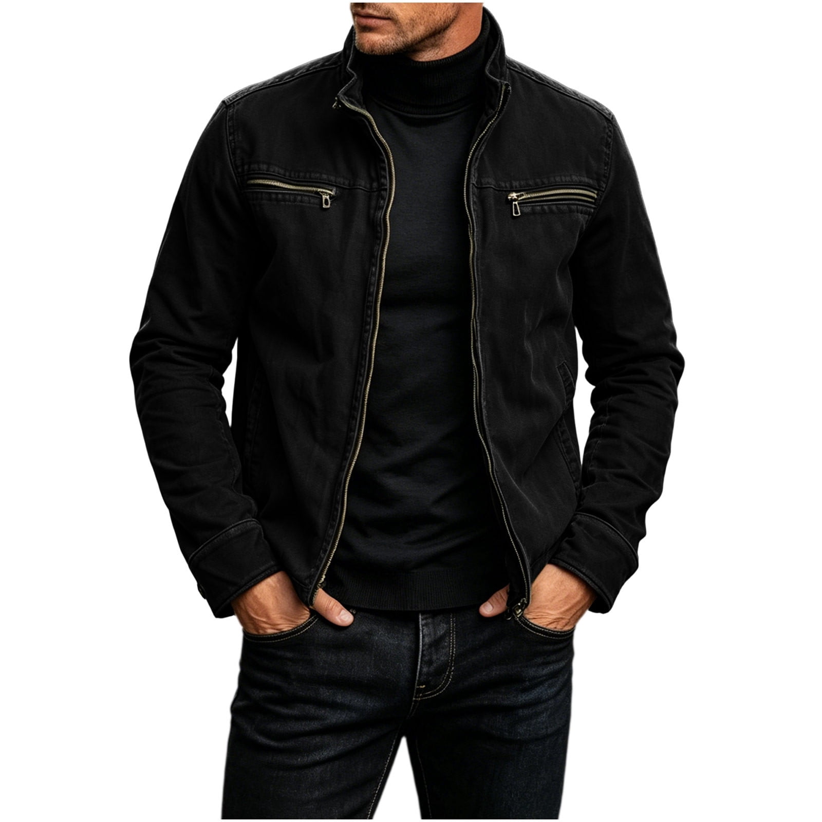Men Stand Collar Cargo Jacket, Long Sleeve Full Zip Jacket Vintage 