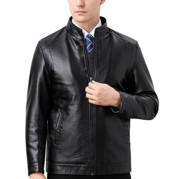 Men Stand Collar Full Zip Faux Leather Jacket, Classic Slim Fit Windproof Moto Coat, Fall Spring Business Casual Outerwear Black L(L)
