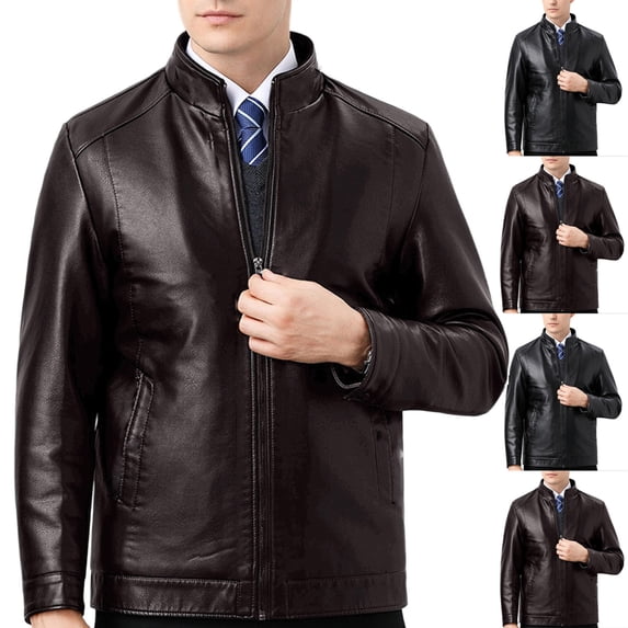 Men Stand Collar Full Zip Faux Leather Jacket, Classic Slim Fit Windproof Moto Coat, Fall Spring Business Casual Outerwear Brown XS