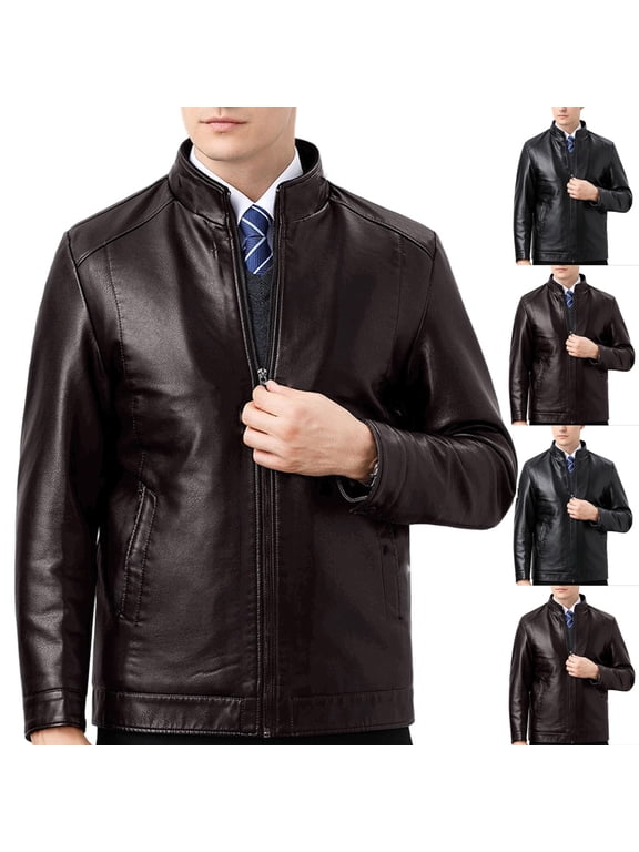 Men Stand Collar Full Zip Faux Leather Jacket, Classic Slim Fit Windproof Moto Coat, Fall Spring Business Casual Outerwear Brown XS
