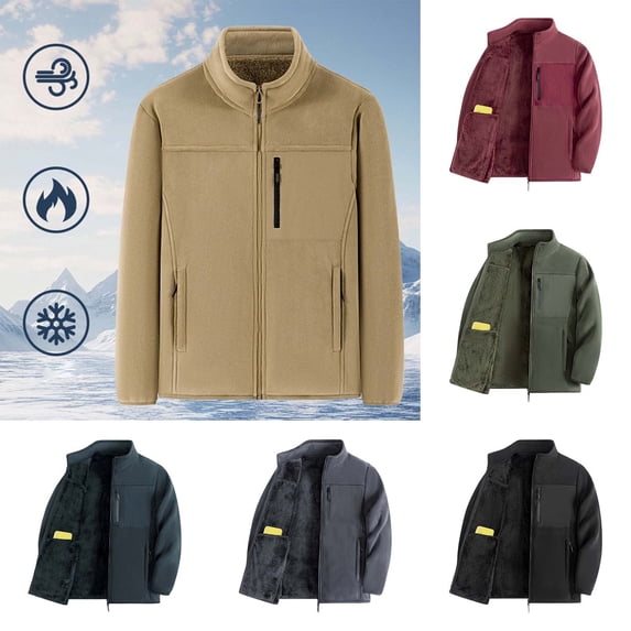 Men Stand Collar Full Zip Fleece Jacket Thick Lined Warm Outerwear Multi Zipper Pockets Casual Coat for Daily Commute Cold Weather Outdoor Activities Beige XXL