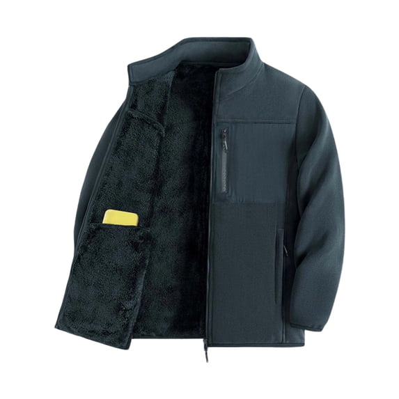 Men Stand Collar Full Zip Fleece Jacket Thick Lined Warm Outerwear Multi Zipper Pockets Casual Coat for Daily Commute Cold Weather Outdoor Activities Blue L