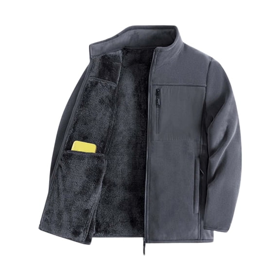 Men Stand Collar Full Zip Fleece Jacket Thick Lined Warm Outerwear Multi Zipper Pockets Casual Coat for Daily Commute Cold Weather Outdoor Activities Gray 3XL