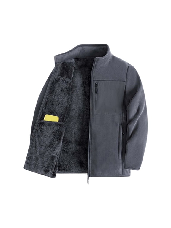Men Stand Collar Full Zip Fleece Jacket Thick Lined Warm Outerwear Multi Zipper Pockets Casual Coat for Daily Commute Cold Weather Outdoor Activities Gray 3XL
