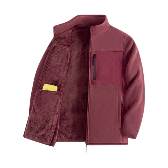Men Stand Collar Full Zip Fleece Jacket Thick Lined Warm Outerwear Multi Zipper Pockets Casual Coat for Daily Commute Cold Weather Outdoor Activities Red L
