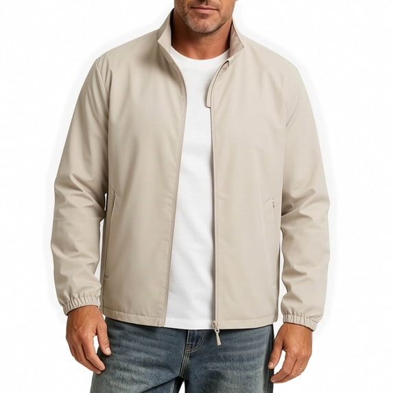 Men Stand Collar Lightweight Bomber Jacket with Zipper Pocket, Business Commute Quick Dry Breathable Casual Windbreaker for Spring Fall Size L-5XL White